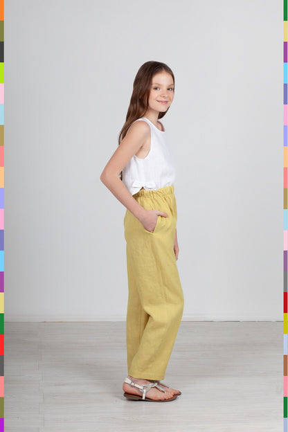 Summer Kids Pants
Kids Linen Pants
Kids Flax Pants
Girl Pants
Girl Linen Pants
Kids Linen Trousers
Summer Teen Pants
Kids Flax Fashion
Children Clothing
Lemon Girls Pants
Yellow Kids Pants
Simple Kids Trousers
Kids Straight Pants
